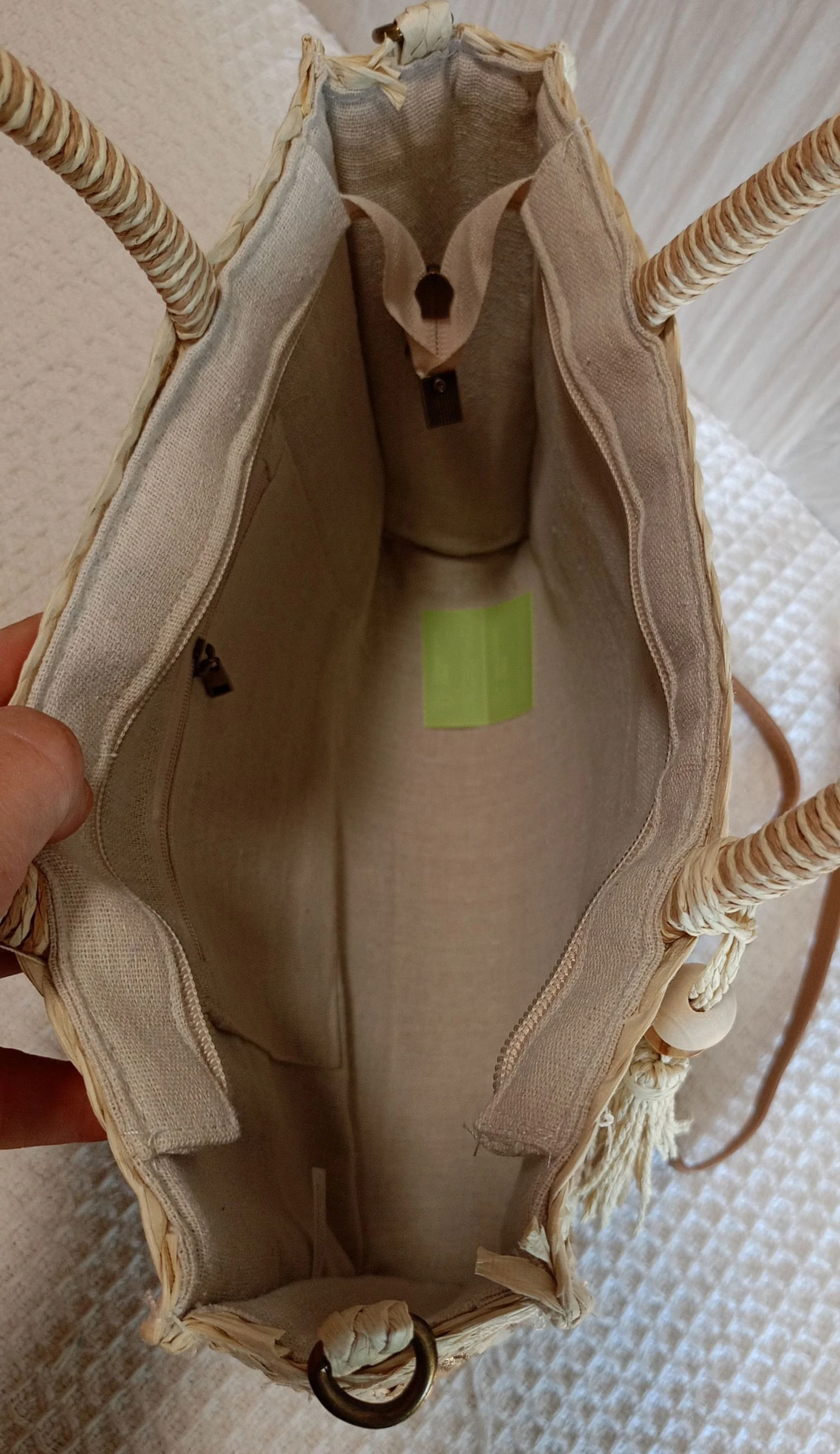 Beige witte gestreepte rotan tote tas met gouden details – photo 6
